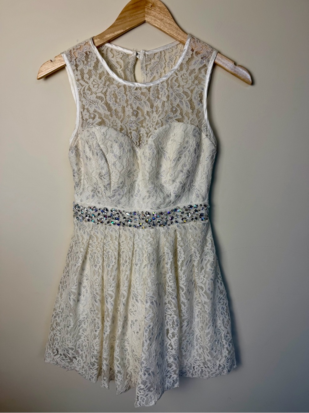 Camille La Vie Ivory Lace A-Line Prom Dress with Beaded Waist
